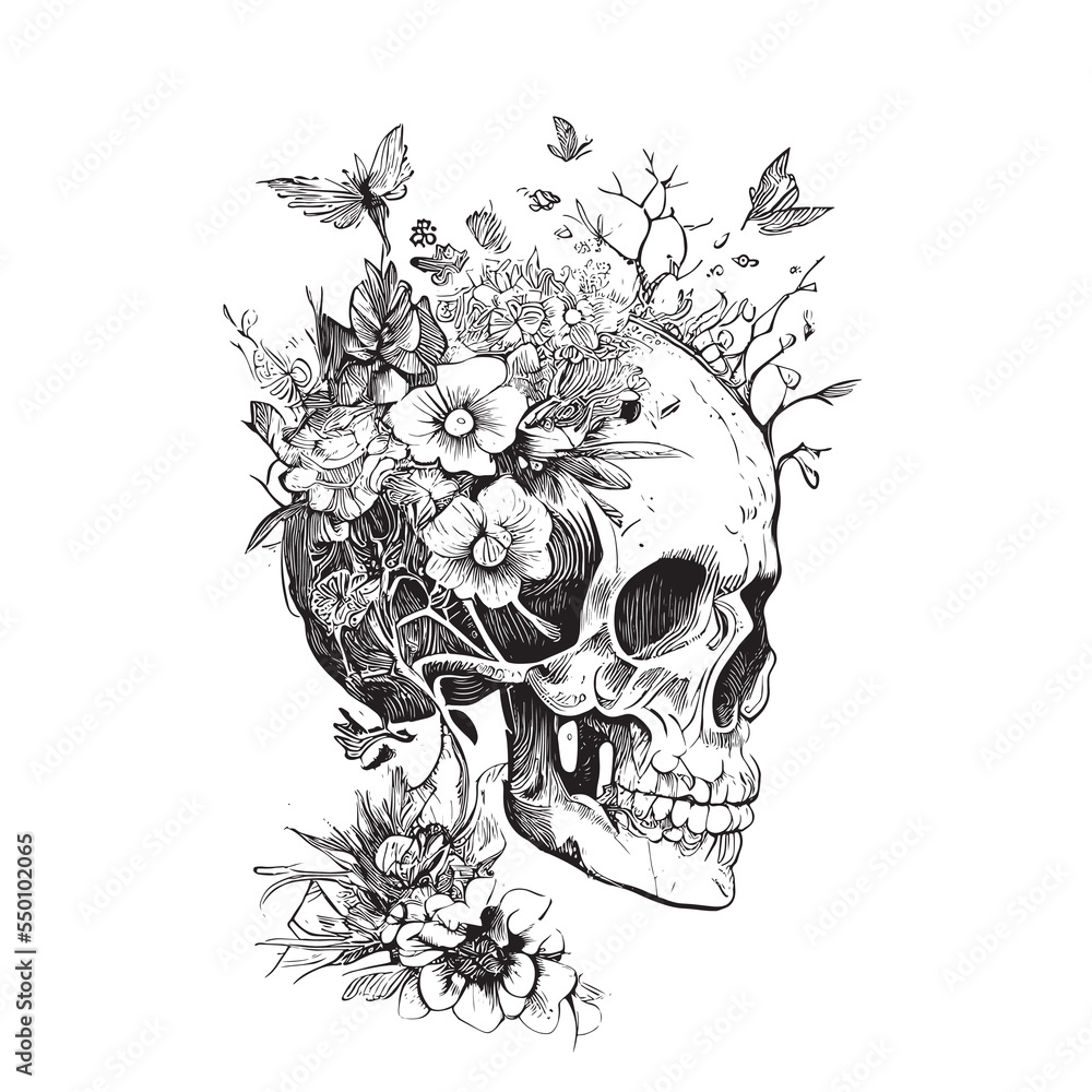 Human skull in flowers sketch hand drawn engraved style Vector ...