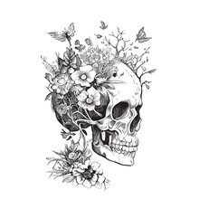 Human Skull In Flowers Sketch Hand Drawn Engraved Style Vector Illustration.