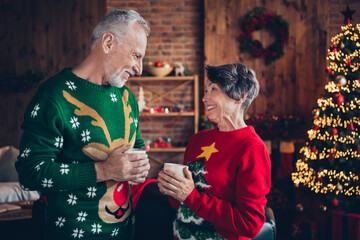 Poster - Photo of two peaceful aged people hands hold hot tea mug speak communicate enjoy newyear atmosphere house indoors