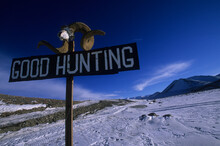 A Sign Greets Hunters At The Entrance To The Murghab Hunting Camp In The Pamir Mountains, South East Tajikistan.