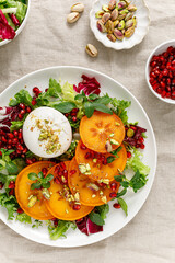 Sticker - Salad with persimmon, burrata, pomegranate and pistachio, healthy food, top view