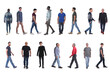 front,side and back view large group of man with jeans walking  on white background