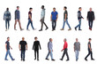 © curto - front,side and back view large group of man with jeans walking  on white background