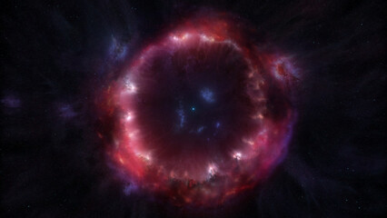 Wall Mural - Artistic impression of a white dwarf star in a circular red cloud nebula. Concept science and fiction 3D Illustration depicting interstellar gas clouds and supernova explosion frozen in space and time