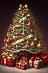 Wall Mural - Christmas tree olden and red decorations, gifts under the tree