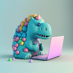 Wall Mural - Illustration of a small dinosaur sitting down, very entretained using its pink laptop 