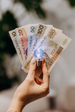 Zapalona żarówka na tle banknotów polskich