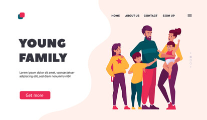 Wall Mural - Young Family Landing Page Template. Happy Mother, Father, Son, Daughter and Little Baby Cheerful Personages, Smiling