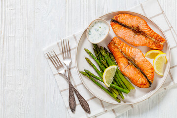 Poster - roast salmon steaks with asparagus and dill sauce