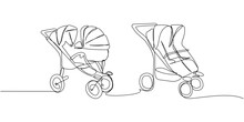 A Set Of Modern Baby Strollers For Twins Winter And Summer Version One Line Art. Continuous Line Drawing Of Childhood, Safety, Protection, Transportation, Personal, Classic Style, For Winter.