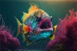 Multicoloured piranha, created with generative AI	