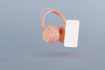 Canvas Print - Headphones and telephone on the background. The concept of playing games, listening to music through headphones, technology. Playing games for entertainment. 3D render, 3D illustration.