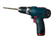 Blue cordless drill with large bit isolated against white
