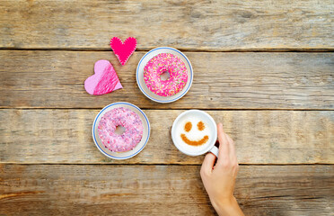 Wall Mural - Set of  cups of coffee with donuts, croissants, gift, hearts