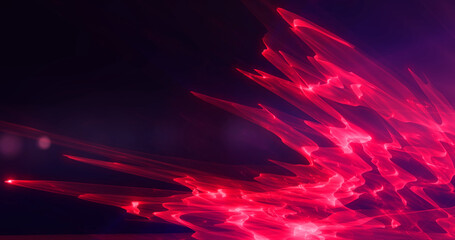 Futuristic abstract red ruby sharp glass crystals from waves, smoky lines magical energy glowing neon isolated on black background. Abstract background. Screensaver