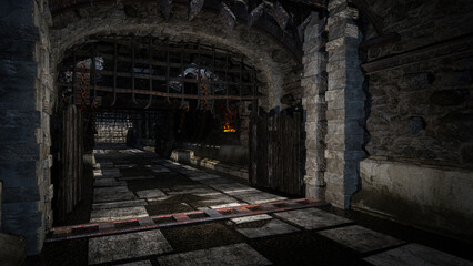Aufkleber - Dark moody medieval castle hallway with black iron gate. 3D illustration.
