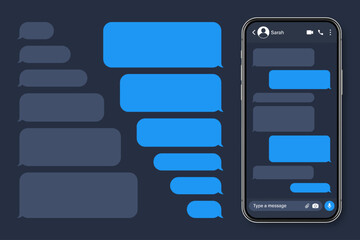 Realistic smartphone with messaging app. Blank SMS text frame. Conversation chat screen with blue message bubbles. Social media application. Vector illustration.