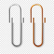 © 32 pixels - Realistic copper and steel paperclips attached to paper. Shiny metal paper clip, page holder, binder. Workplace office supplies. Vector illustration