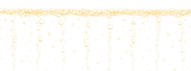 Golden bubbles stream background. Carbonated water surface. Sparkling fizzy drink, beer, soda, lemonade, prosecco, seltzer, champagne texture. Vector realistic illustration.