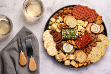 Food Photography Of Antipasti, Cheese, Cheddar, Parmesan, Toast, Cracker, Almond, Pecan, Wine