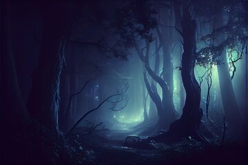 Spooky foggy dark forest environment