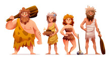 Primitive People Characters. Prehistoric Stone Age Caveman Set Cartoon Illustration