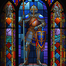 Arch Stained Glass Window Motive With Medieval Knight. Generative AI. Not Based On Any Actual Scene Or Pattern