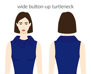Wide button-up turtleneck neckline clothes knits, sweaters character beautiful lady in blue top, shirt, dress technical fashion illustration. Flat apparel template front, back. Women, men CAD mockup