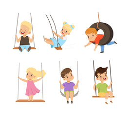 Wall Mural - Cute Little Kids Swinging on Rope Swings Having Fun Outdoor Vector Set