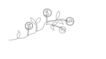 Wall Mural - Animated self drawing of continuous line draw dollar hanging from tree branch. Money tree. Green cash banknotes with golden coins. Concept for money investment. Full length single line animation