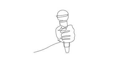 Wall Mural - Self drawing animation of single line draw karaoke man sings song to microphone. Singer holding a microphone in his hand at karaoke singer sings the song. Continuous line draw. Full length animated