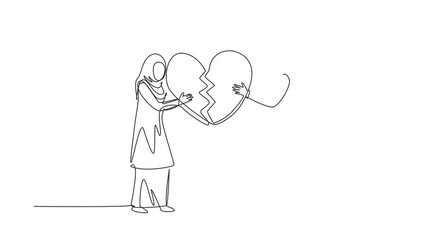 Wall Mural - Self drawing animation of single line draw heartbroken Arabic couple parting, divorce. Sad young man and woman trying to put together parts of broken heart. Continuous line draw. Full length animated