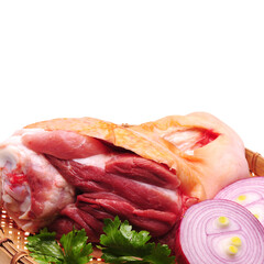 Sticker - cooked pork (leg) with red onion slices isolated on white background 