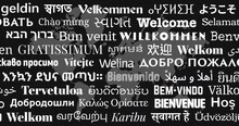 Loop Animation Of Sliding "Welcome" Greeting Messages In World Different Written Languages, White Texts On World Map Black Background For Digital Display Travel Welcoming Board