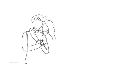 Wall Mural - Self drawing animation of single line draw man and woman hug. Happy family concept. Couple in relationship in love. Happy man hugging his partner woman. Continuous line draw. Full length animated