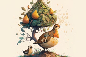 Twelve Days of Christmas Illustration - A Partridge in a Pear Tree