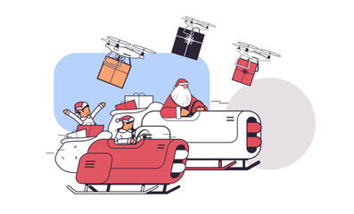 Poster - elves with santa claus driving sleigh car with gifts merry christmas happy new year winter holidays celebration