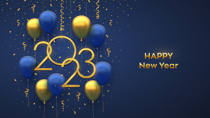 Wall Mural - Happy New 2023 Year. Hanging Golden metallic numbers 2023 with 3D festive helium balloons and falling confetti on blue background. New Year, Xmas greeting card, banner template. Vector illustration.