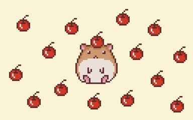 Pixel art of hamster cartoon with red apple above head and pastel soft color, red apples background. Cute brown hamtaro. Animal pixel art game character, can be used for wallpaper or background.