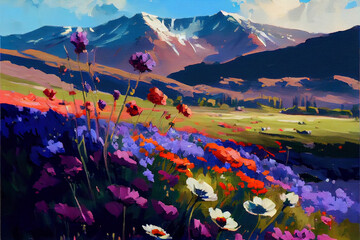 Wall Mural - Oil painting of wildflowers in the mountains