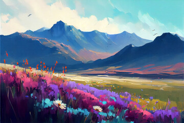 Wall Mural - Oil painting of wildflowers in the mountains