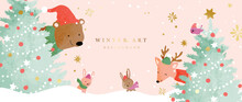 Luxury Winter Art Background Vector Illustration. Hand Painted Watercolor Decorative Cute Bear, Deer, Rabbits And Bird With Christmas Trees. Design For Print, Decoration, Poster, Wallpaper, Banner.
