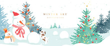 Luxury Winter Art Background Vector Illustration. Hand Painted Watercolor Winter Landscape, Decorative Christmas Trees, Cute Snowman, Dog. Design For Print, Decoration, Poster, Wallpaper, Banner.