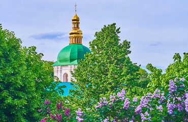 Sticker - The church's dome behind blooming lilacs, Kyiv Pechersk Lavra Cave Monastery, Kyiv, Ukraine