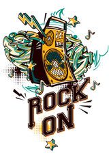 Sticker - Rock on - music design with loudspeaker and graffiti arrows