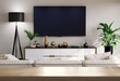 © myboys.me - Wooden table top, countertop in modern, luxury design living room with sofa, black and white cabinet, floor lamp with smart tv on beige wall for lifestyle, household product display background