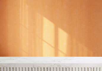 Modern and minimal white marble table top or countertop with orange wallpaper wall with sunlight from window and curtain for luxury personal care and household product display background