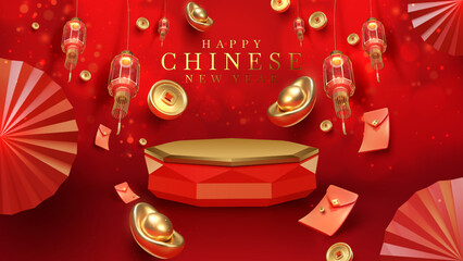 Wall Mural - Red luxury background with product display podium element with 3d realistic chinese new year ornament and glitter light effect decoration and bokeh. Vector illustration.