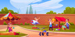 Playground with kids on in house, kindergarten or school backyard. Summer park landscape with boys and girls playing in sandbox, with toys and balls, vector cartoon illustration