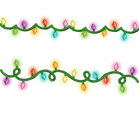 Strings of festive Christmas holiday twinkle lights glowing on an isolated transparent background. 